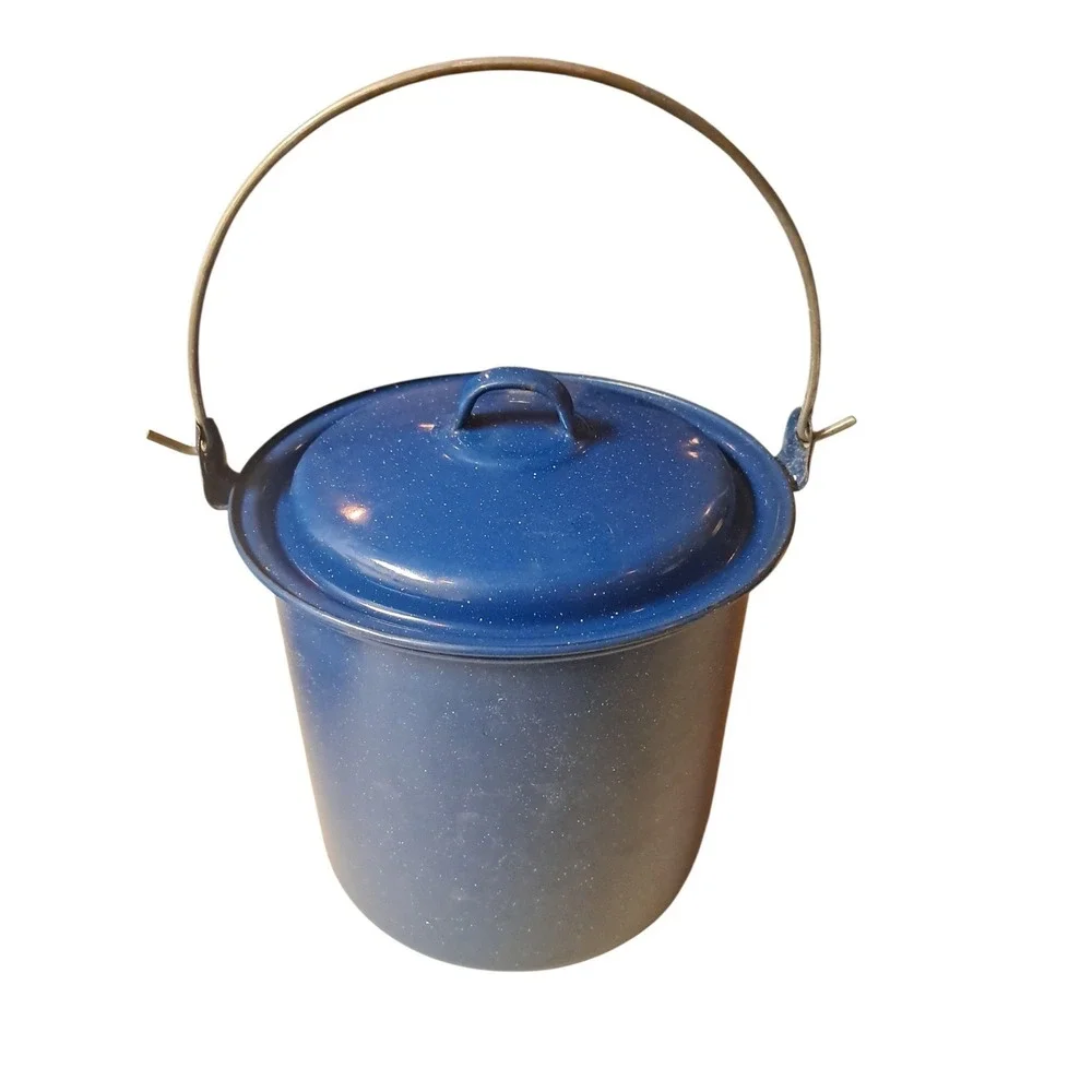 Vintage Blue Speckled Enamelware Pot With Lid & Bail Handle
